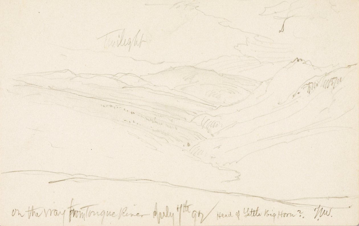 Schemering op weg van Tongue River (hoofd van Little Big Horn) door Thomas Moran