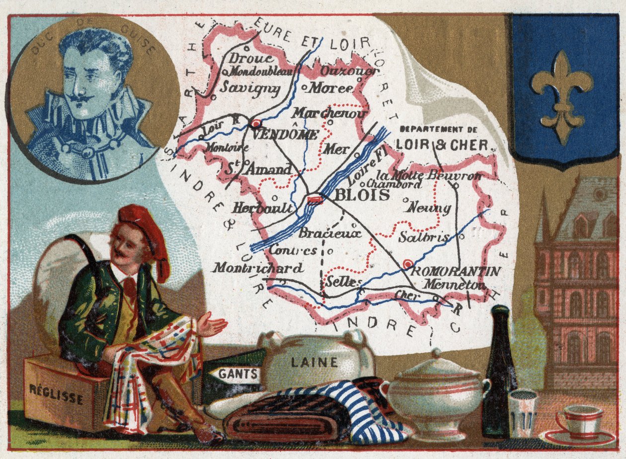 Loir-et-Cher, Centre, Frankrijk. Liquisse, handschoenen en wol. Serie over de Franse departementen. , c.1920 (chromo) door Thomas & Mortimer John Hamilton (1741-79) Jones