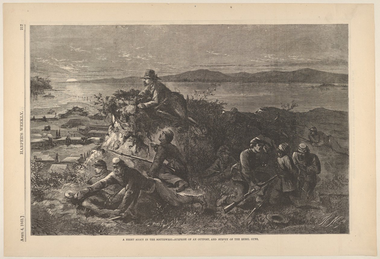 Een nachtverkenner in het zuidwesten - Verrassing van een buitenpost, en onderzoek van de rebellen, 4 april 1863 door Thomas Nast