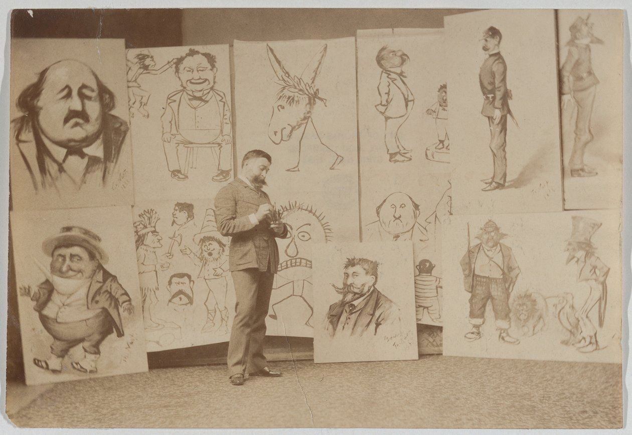 Portret ten voeten uit van Thomas Nast met een groep karikaturen door Thomas Nast