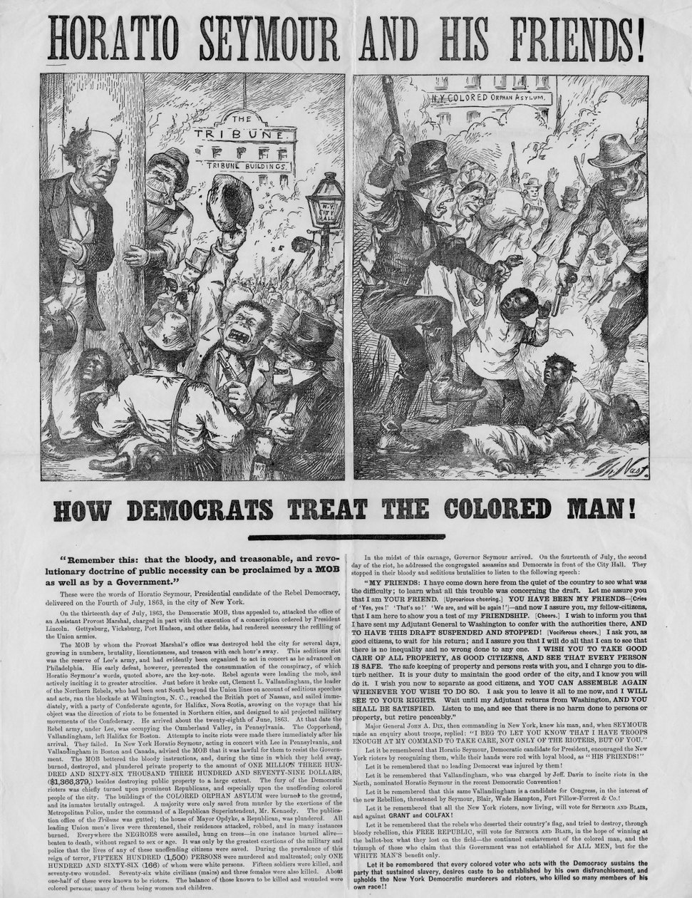 Horatio Seymour en zijn vrienden! : Hoe democraten de gekleurde man behandelen! : Onthoud dit: dat de bloederige, verraderlijke en revolutionaire doctrine van publieke noodzaak kan worden uitgeroepen door een menigte door Thomas Nast