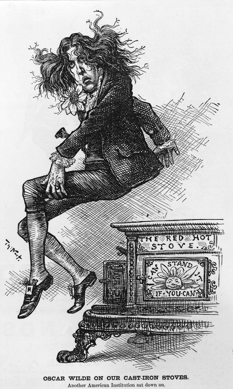 Oscar Wilde op onze Gietijzeren Kachels. Nog een Amerikaans Instituut waarop gezeten wordt, illustratie uit Harpers Weekly, gepubliceerd 1882 door Thomas Nast