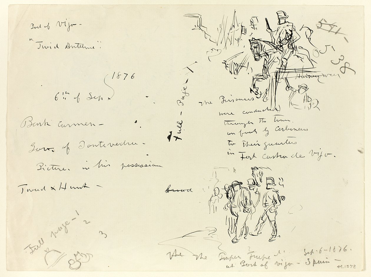 Blad met schetsen: Soldaat te paard en soldaat met sabel die gevangene veroordeelt (recto); Sheet of Sketches (verso) door Thomas Nast