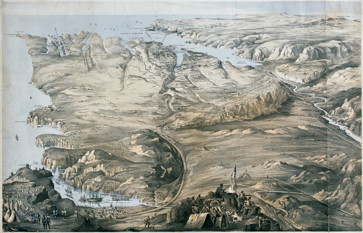 Panoramisch uitzicht op de verschansing van de geallieerde legers van Engeland en Frankrijk voor Sebastopol door Thomas Packer