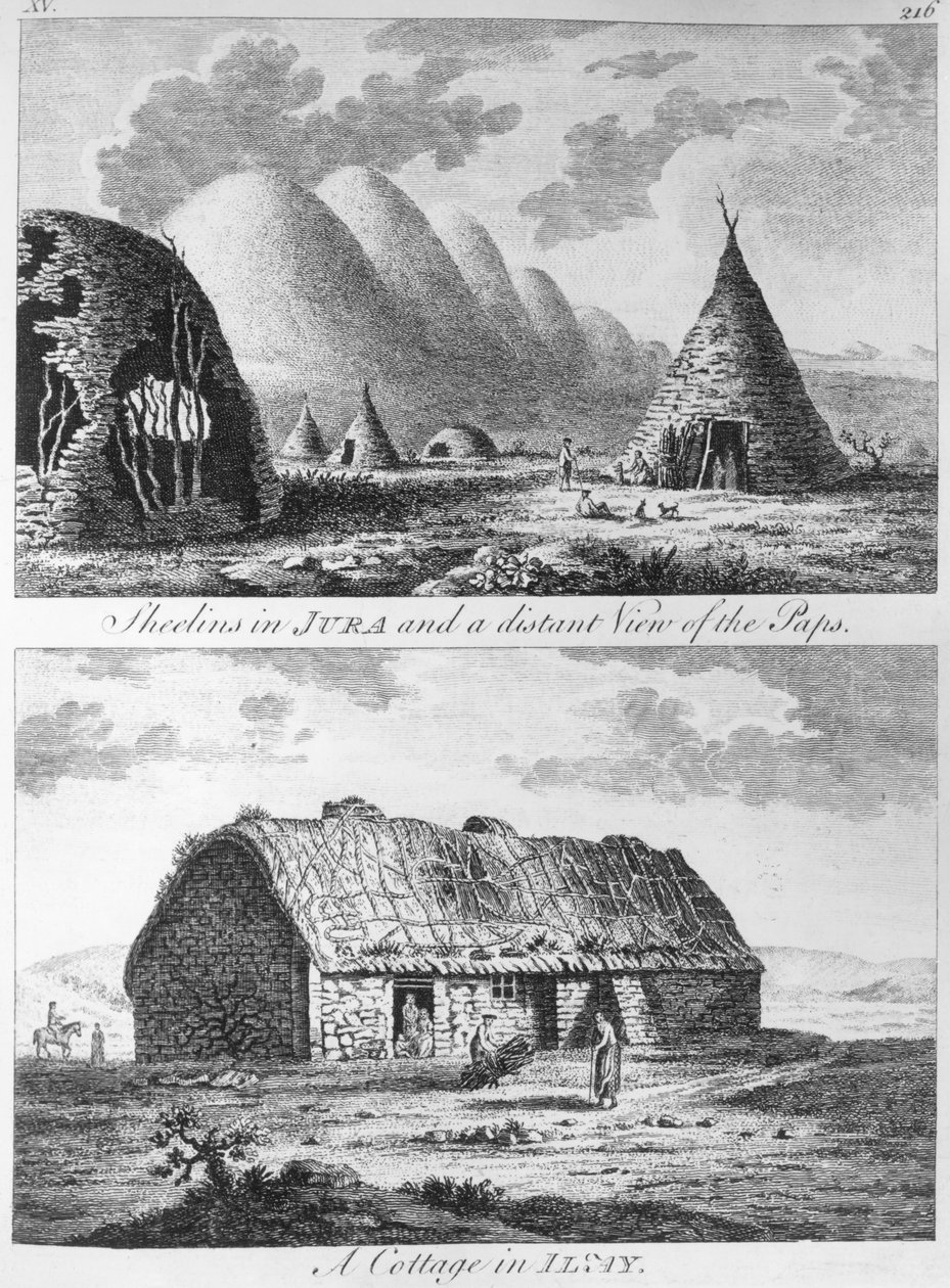 Sheelins in Jura en een verre blik op de Paps en een huisje van Islay, uit 