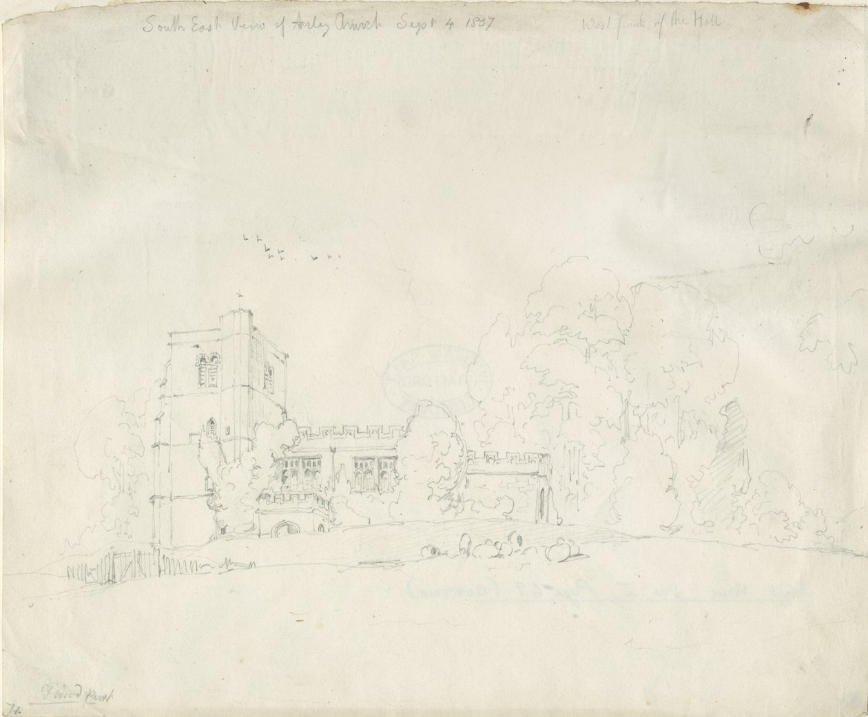 Arley Kerk: potloodtekening, 4 sep 1837 door Thomas Peploe Wood