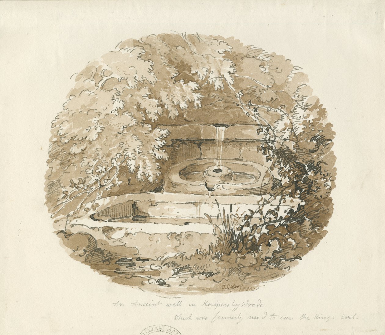 Biddulph - Oude Bron in Knypersley Woods: sepia tekening door Thomas Peploe Wood