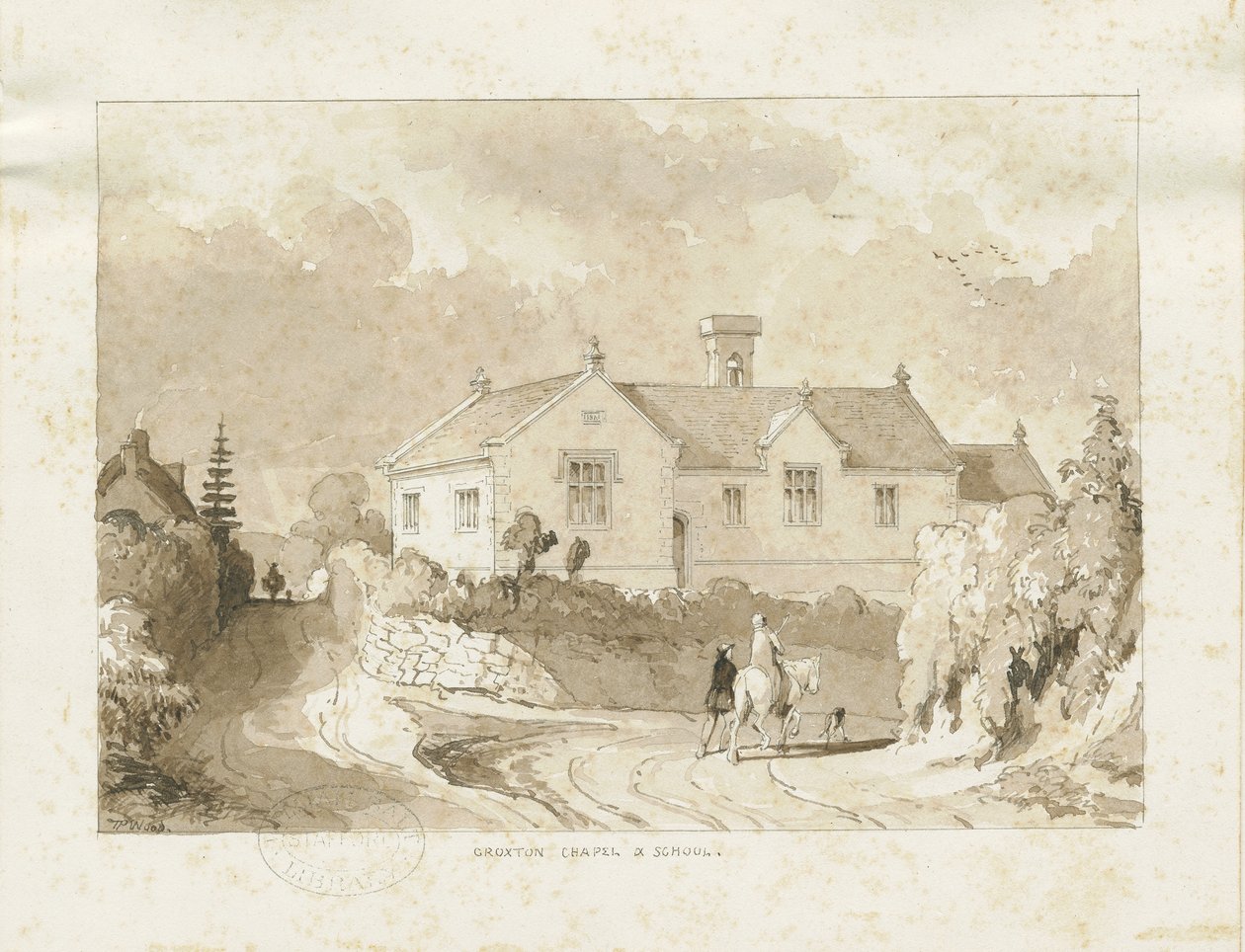Croxden - Kapel en School: sepia was tekening door Thomas Peploe Wood