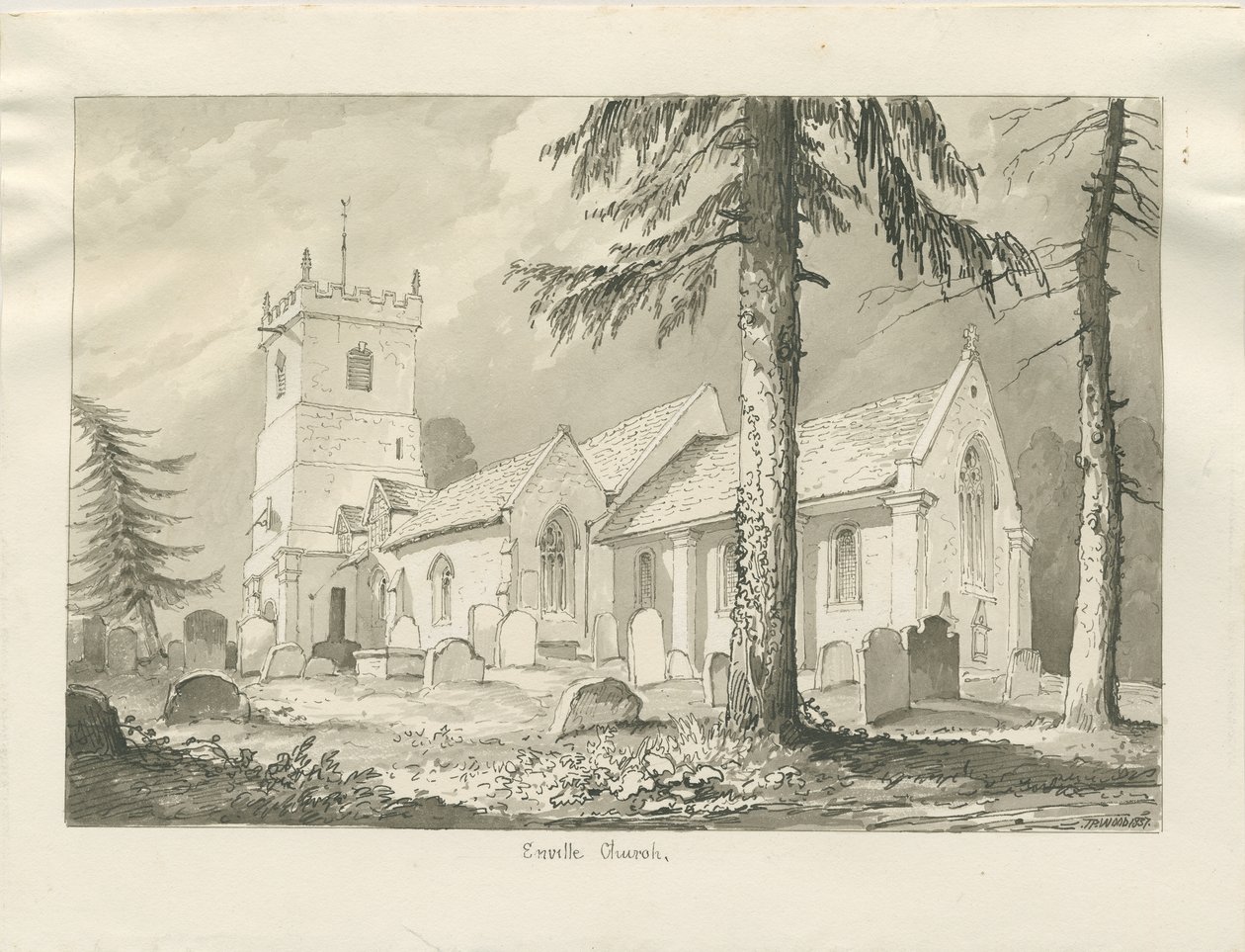 Enville Kerk: sepia tekening, 1837 door Thomas Peploe Wood