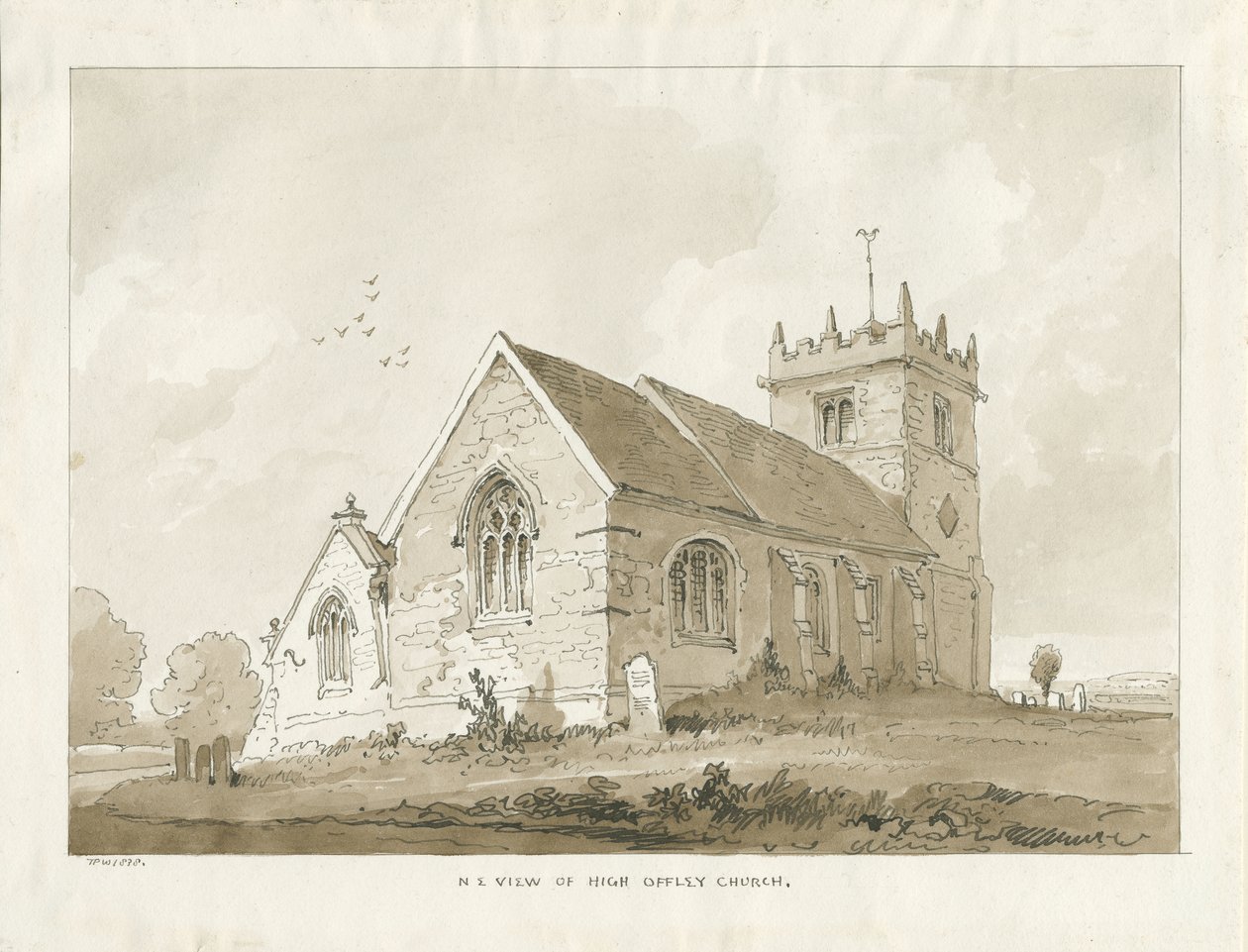 High Offley Kerk: sepia tekening door Thomas Peploe Wood