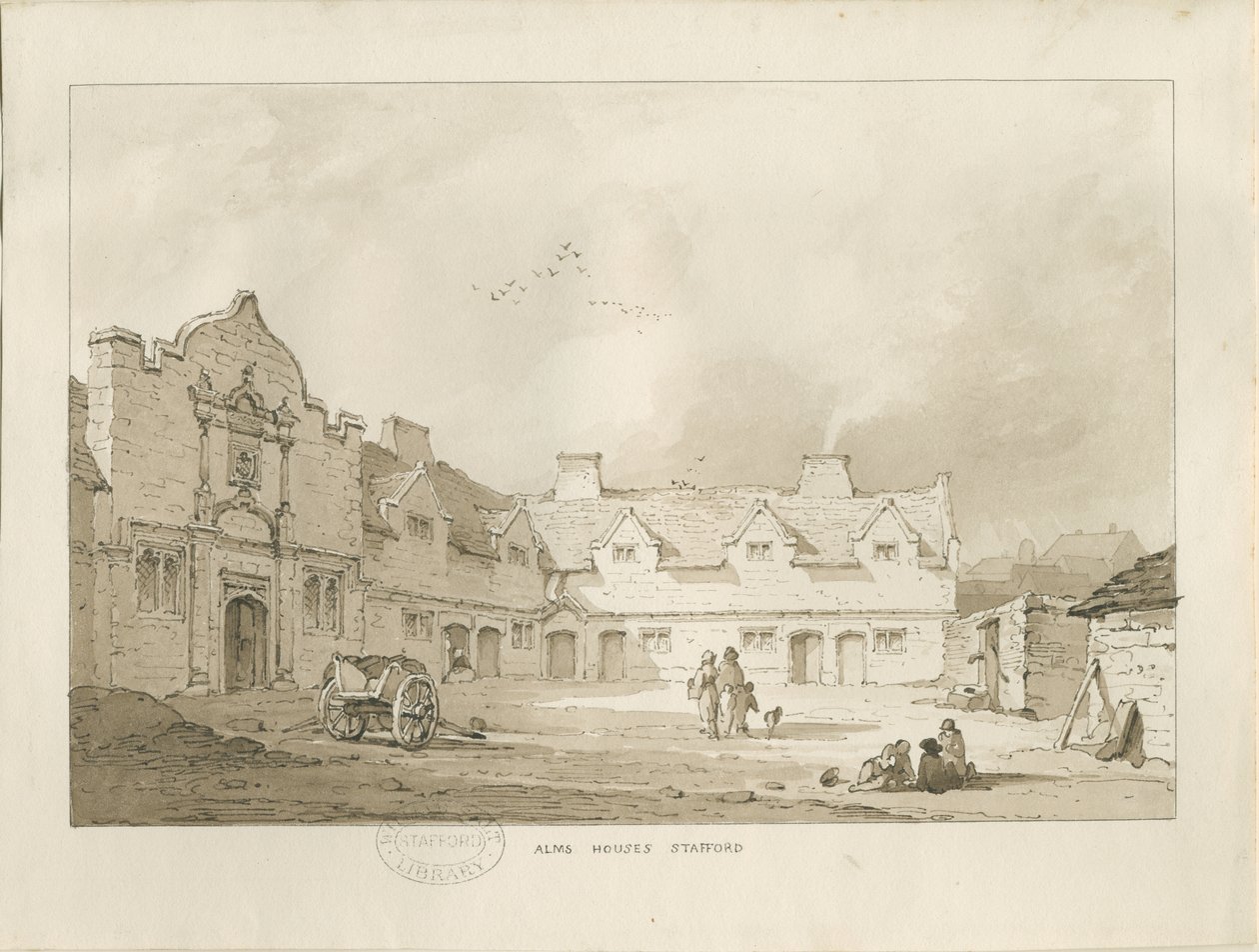 Stafford - Alms Houses: sepia tekening, nd [1837] door Thomas Peploe Wood