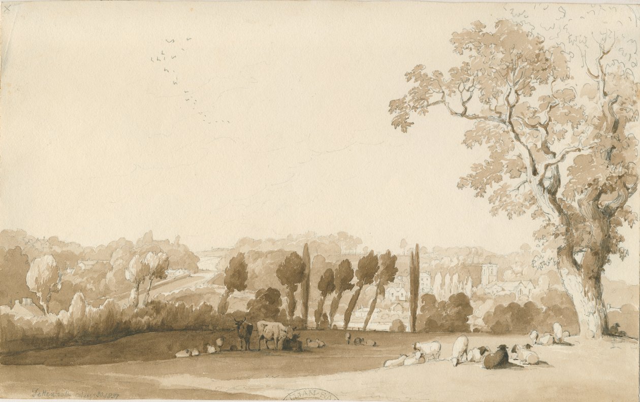 Tettenhall - Ver uitzicht vanuit het zuidoosten: potlood en wassing tekening, 30 aug 1837 door Thomas Peploe Wood