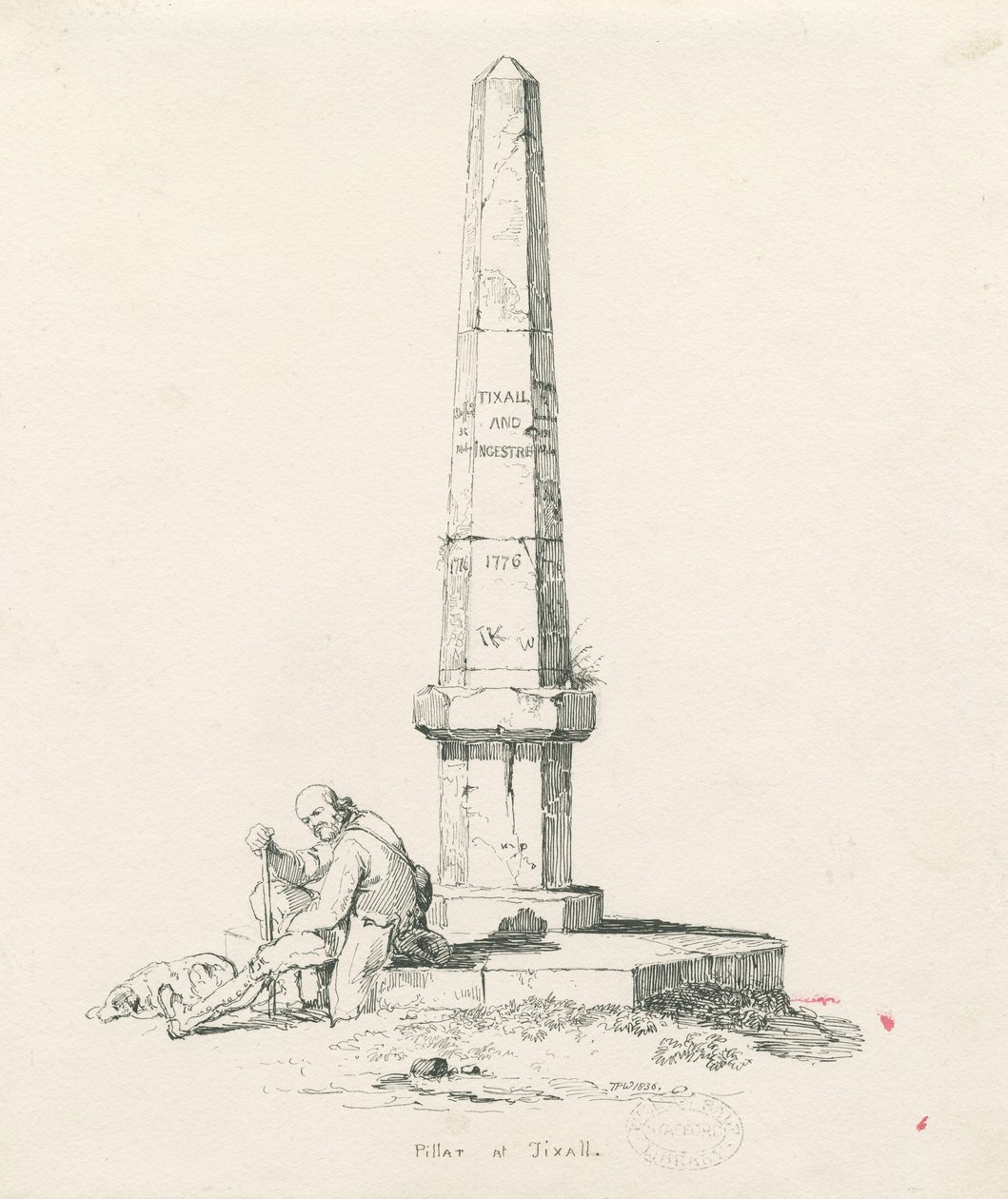 Tixall - Pilaar met afstandsaanduidingen: pen en inkt tekening door Thomas Peploe Wood
