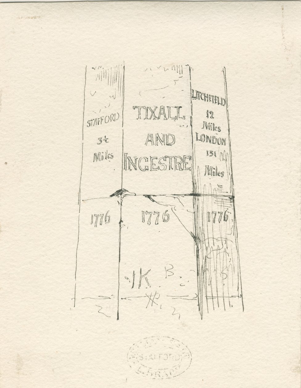 Tixall - Stenen pilaar met afstandsaanduidingen: pen en inkt tekening, nd [midden 19e eeuw] door Thomas Peploe Wood