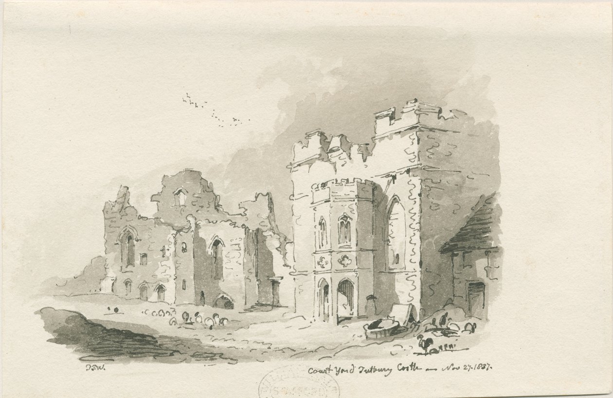Tutbury Castle - Binnenplaats: pen en was tekening, 27 nov 1837 door Thomas Peploe Wood