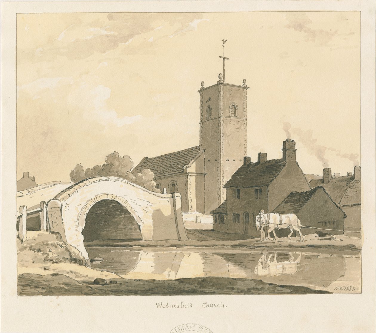 Wednesfield Kerk en Brug, 1837 door Thomas Peploe Wood