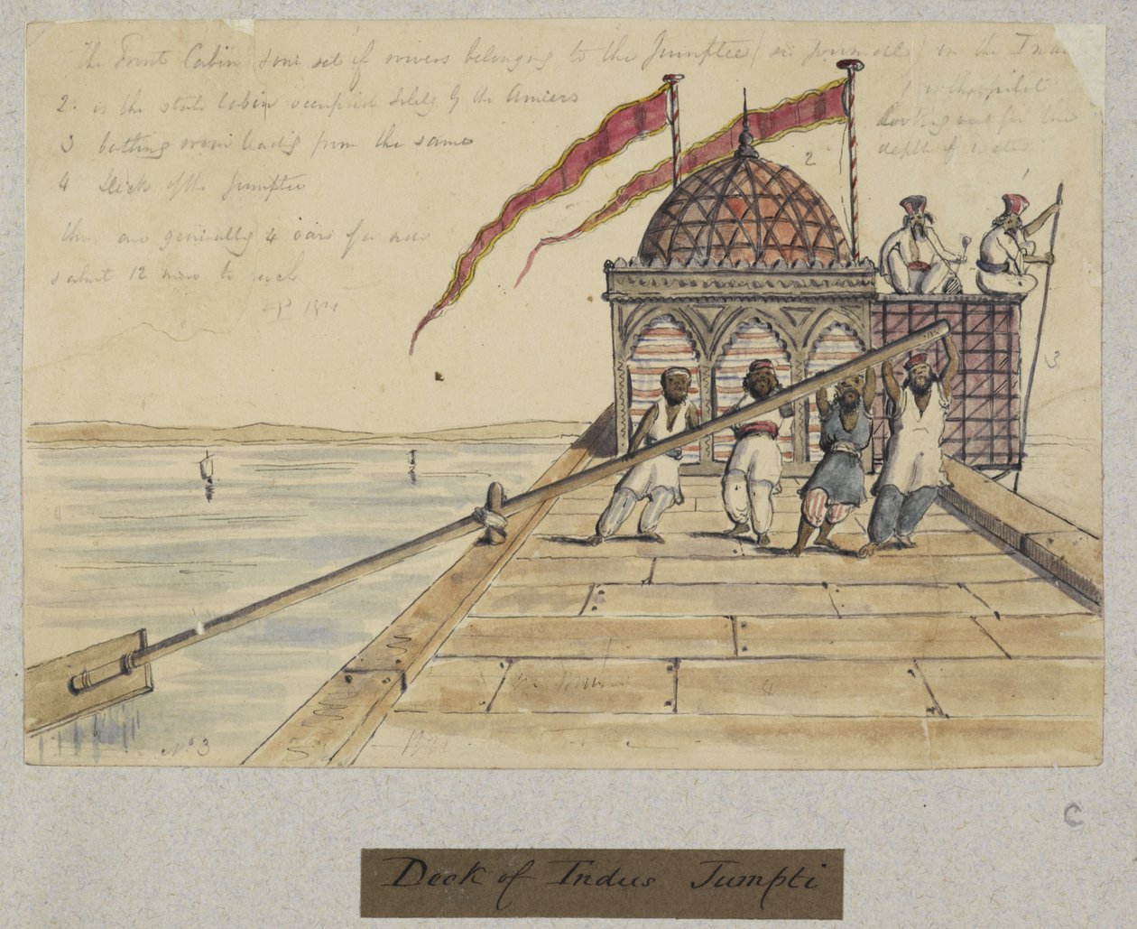 ‘Dek van Indus Jumpti. T.P. 1841’. Vier mannen roeien met een gigantische roeispaan, uit 