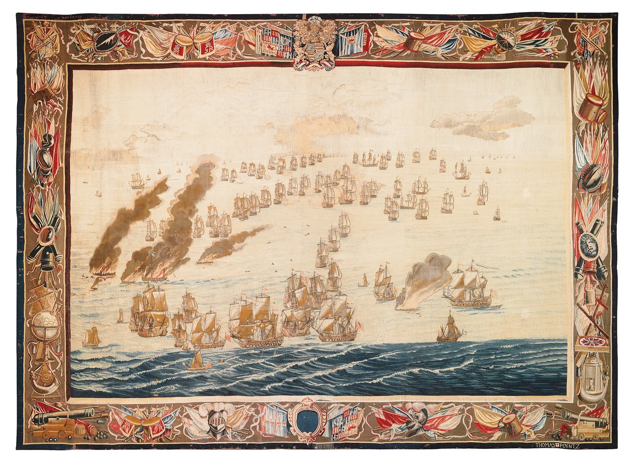 Historisch wandtapijt van de Slag bij Solebay, Mortlake, ontwerpen toegeschreven aan William van de Velde, ca. 1688 door Thomas Poyntz
