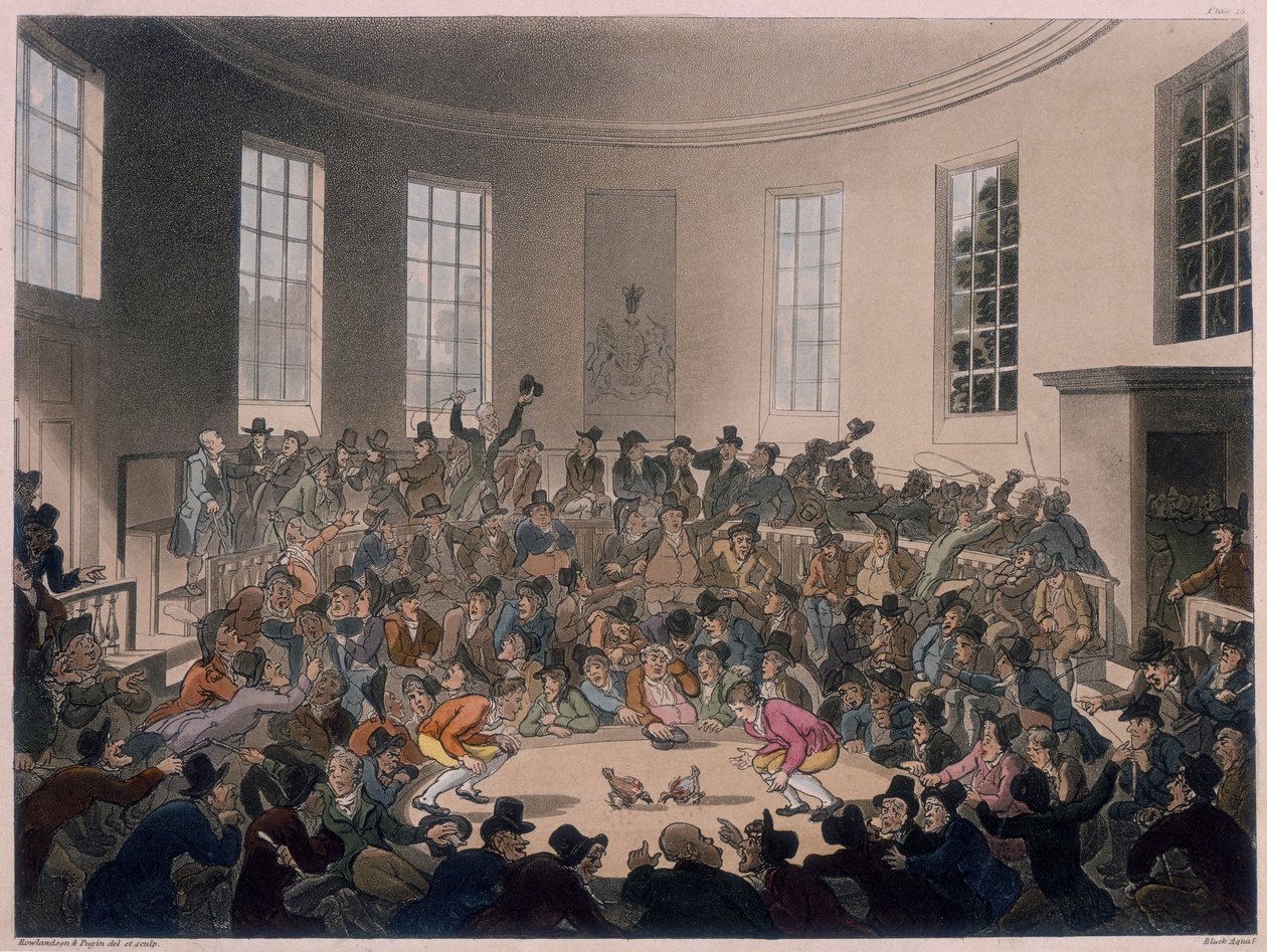 Mannen kijken naar een hanengevecht, laat 18e - begin 19e eeuw door Thomas Rowlandson, Augustus Charles Pugin