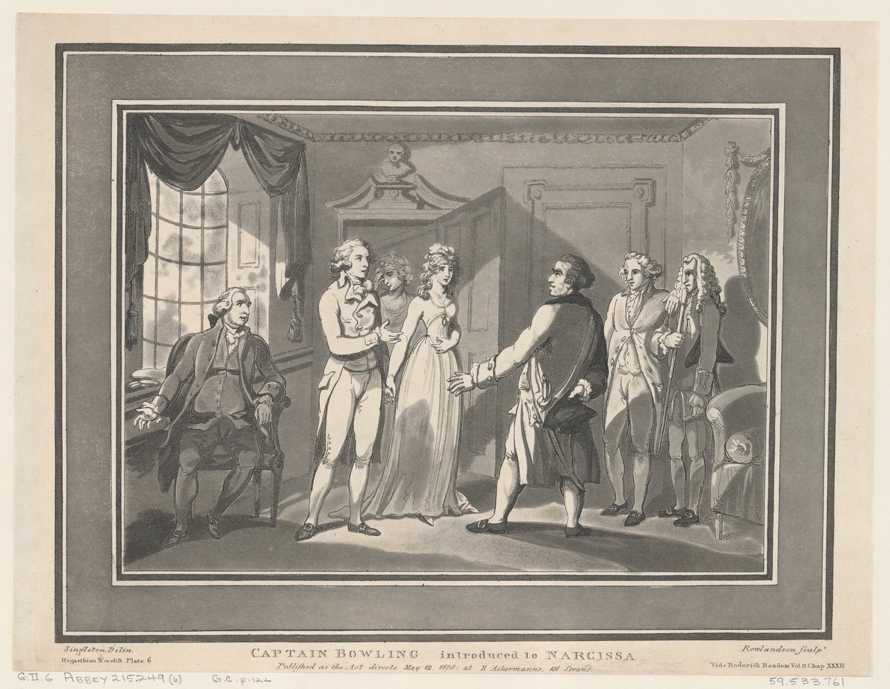 Kapitein Bowling geïntroduceerd bij Narcissa, 12 mei 1800 door ThomasThomas Rowlandson, Joseph Constantine Stadler Thomas Rowlandson, Joseph Constantine Stadler