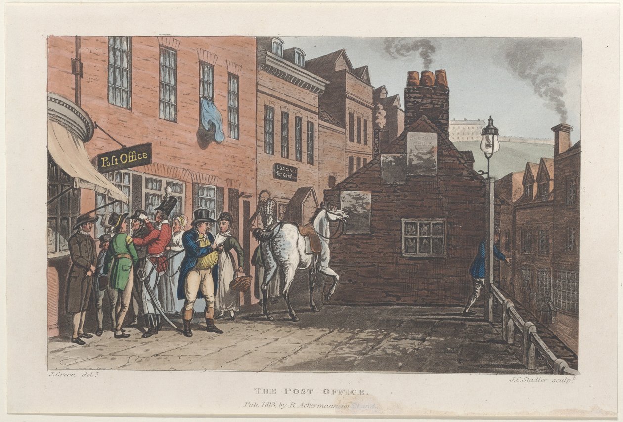 Het postkantoor, uit Poetical Sketches of Scarborough, 1813 door Thomas Rowlandson, Joseph Constantine Stadler, J. Bluck