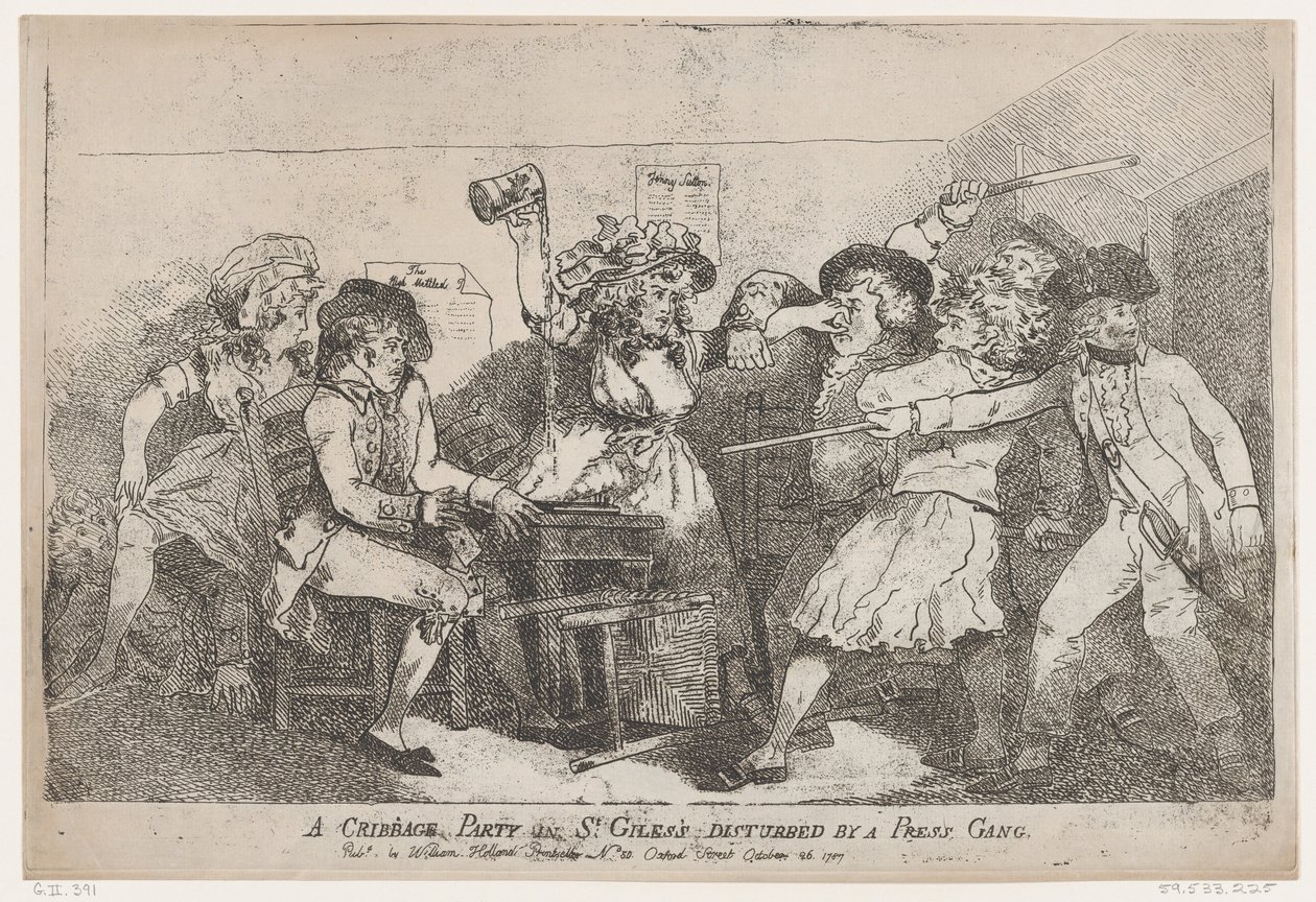 Een cribbagepartij in St. Giles verstoord door een persbende, 26 oktober 1787 door Thomas Rowlandson