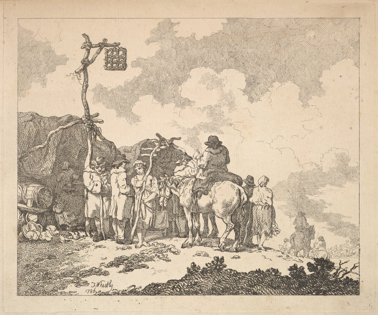 Een kermis - Een groep zigeuners - Mannen en vrouwen in rustieke kleding voor twee geïmproviseerde tenten, 1786 door Thomas Rowlandson