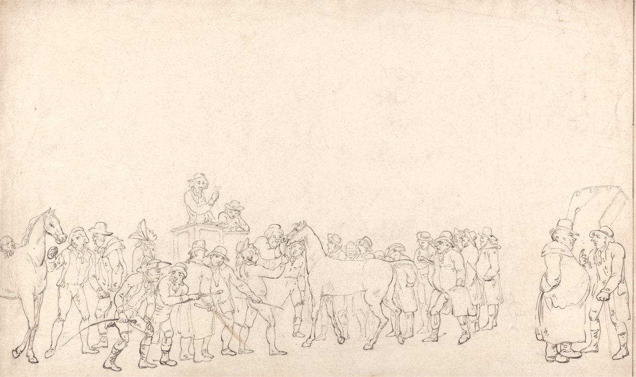 Een paardenveiling bij Hopkins’ Repository (Een overzicht) door Thomas Rowlandson