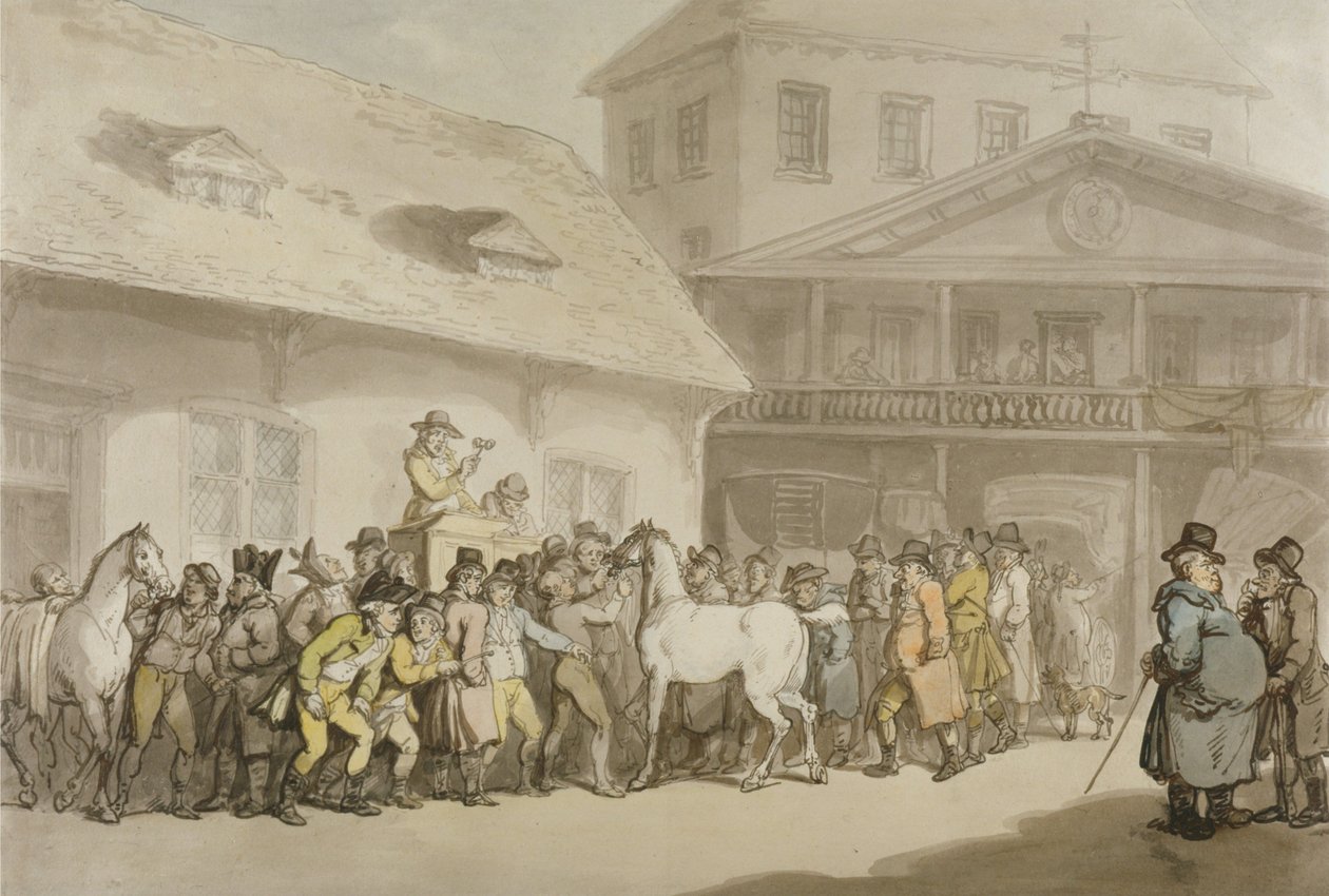 Een paardenveiling in Hopkins’ Repository, Barbican door Thomas Rowlandson