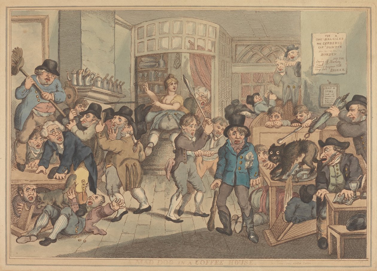 Een dolle hond in een koffiehuis door Thomas Rowlandson
