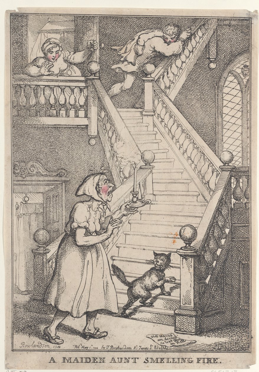 Een ongetrouwde tante die brand ruikt door Thomas Rowlandson
