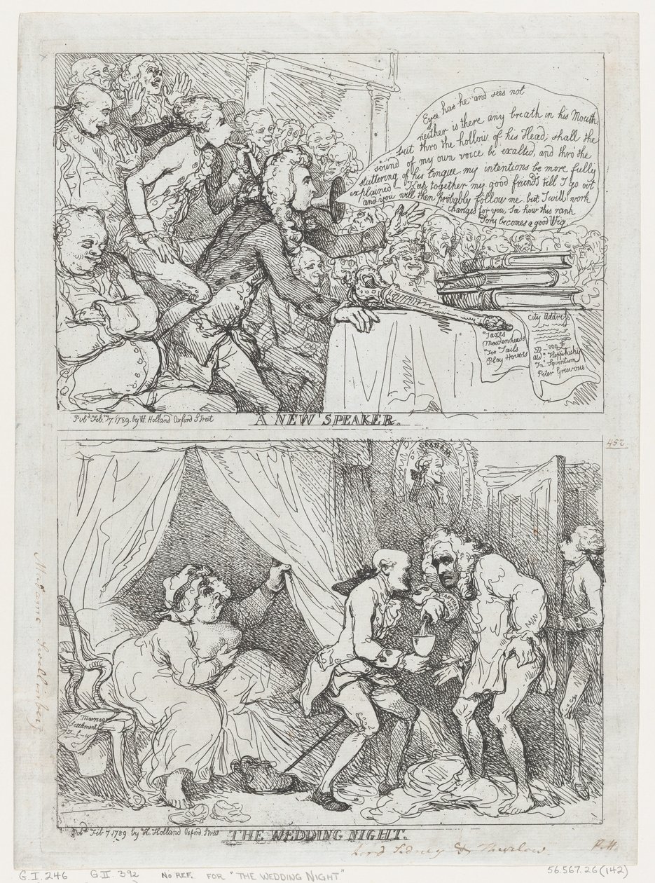 Een nieuwe spreker en de huwelijksnacht, 7 februari 1789 door Thomas Rowlandson
