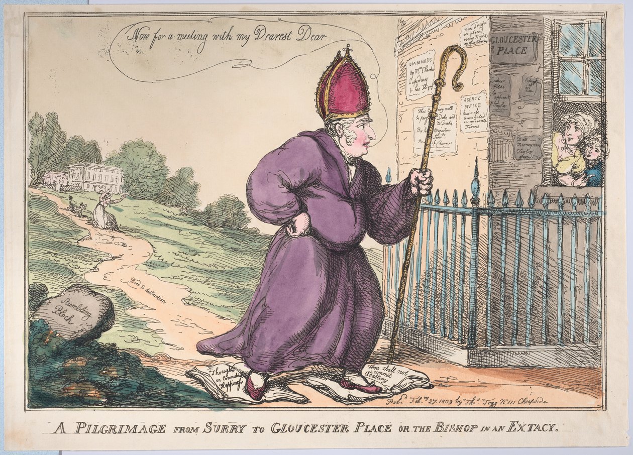 Een pelgrimstocht van Surry naar Gloucester Place of de bisschop in extase, 27 februari 1809 door Thomas Rowlandson
