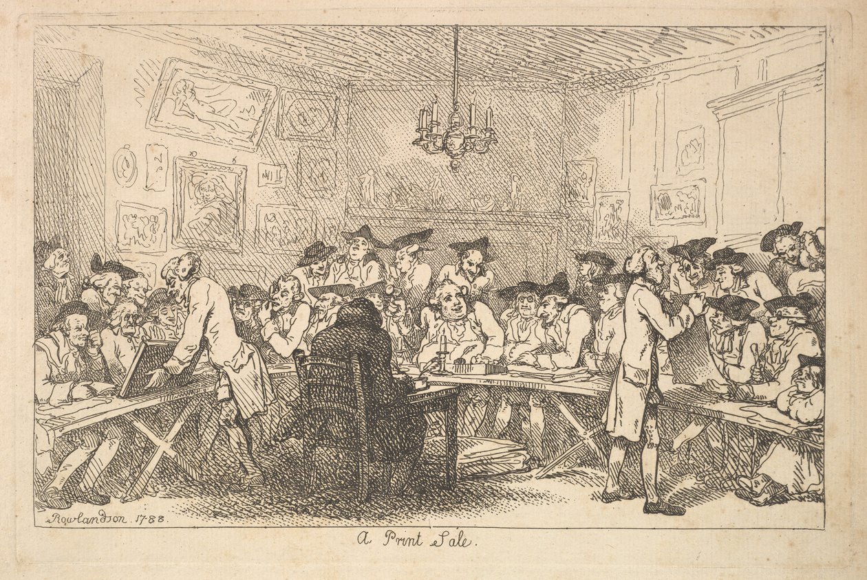 Een prentverkoop - Een nachtveiling door Thomas Rowlandson