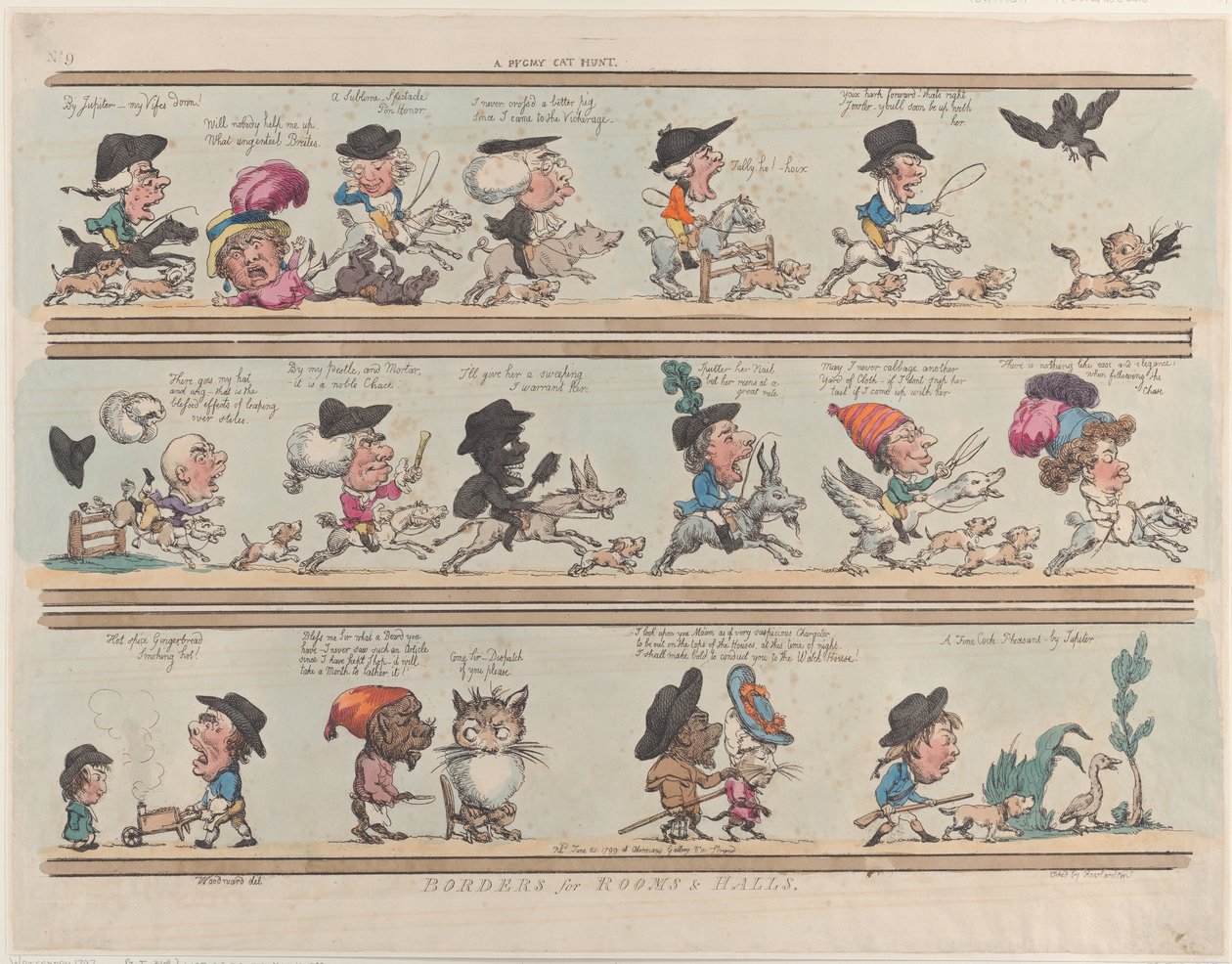 Een Pygmee Kattenjacht, Grenzen voor Kamers & Halen, Plaat 9, 20 juni 1799 door Thomas Rowlandson