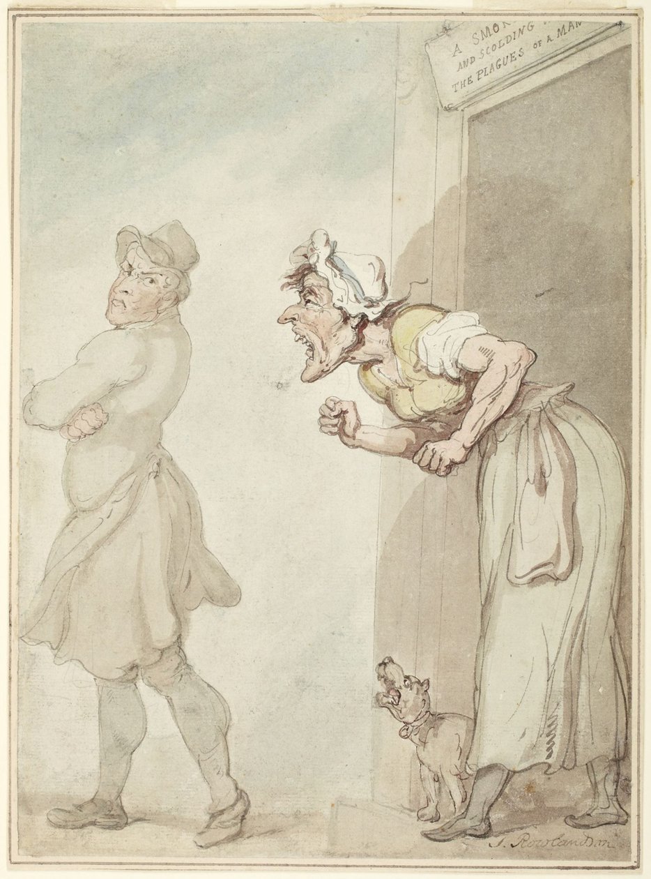 Een rokende schoorsteen en een snauwende vrouw: de plagen van de mens door Thomas Rowlandson