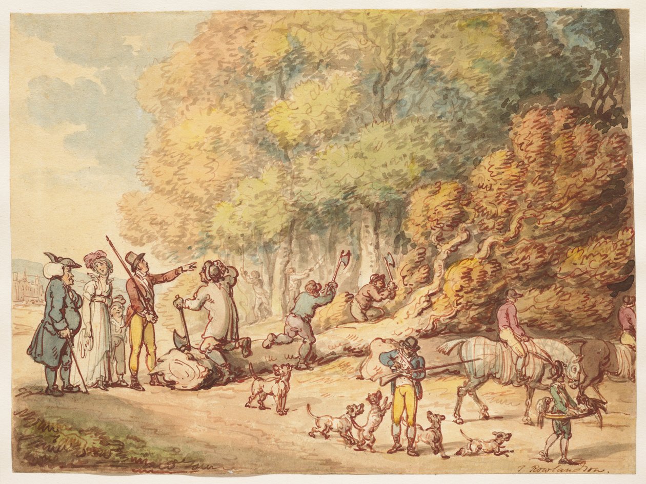 Een jager met zijn familie die houthakkers instrueert een geveld boom te verzagen door Thomas Rowlandson