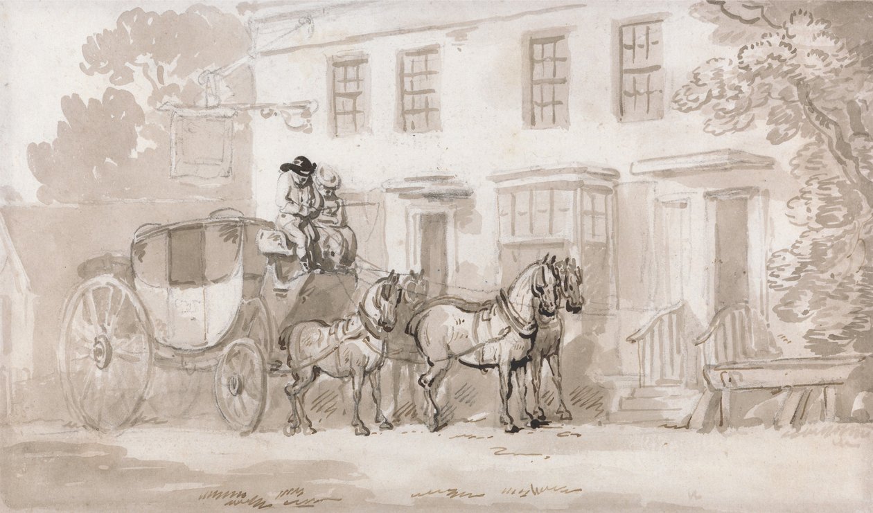 Een postkoets voor de ingang van een herberg door Thomas Rowlandson