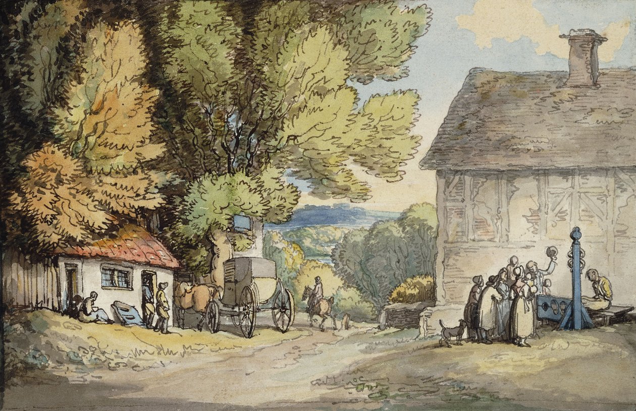 Een dorpsgroen: een koets gestopt onder een boom, met een man in de schandpaal en een groep toeschouwers door Thomas Rowlandson