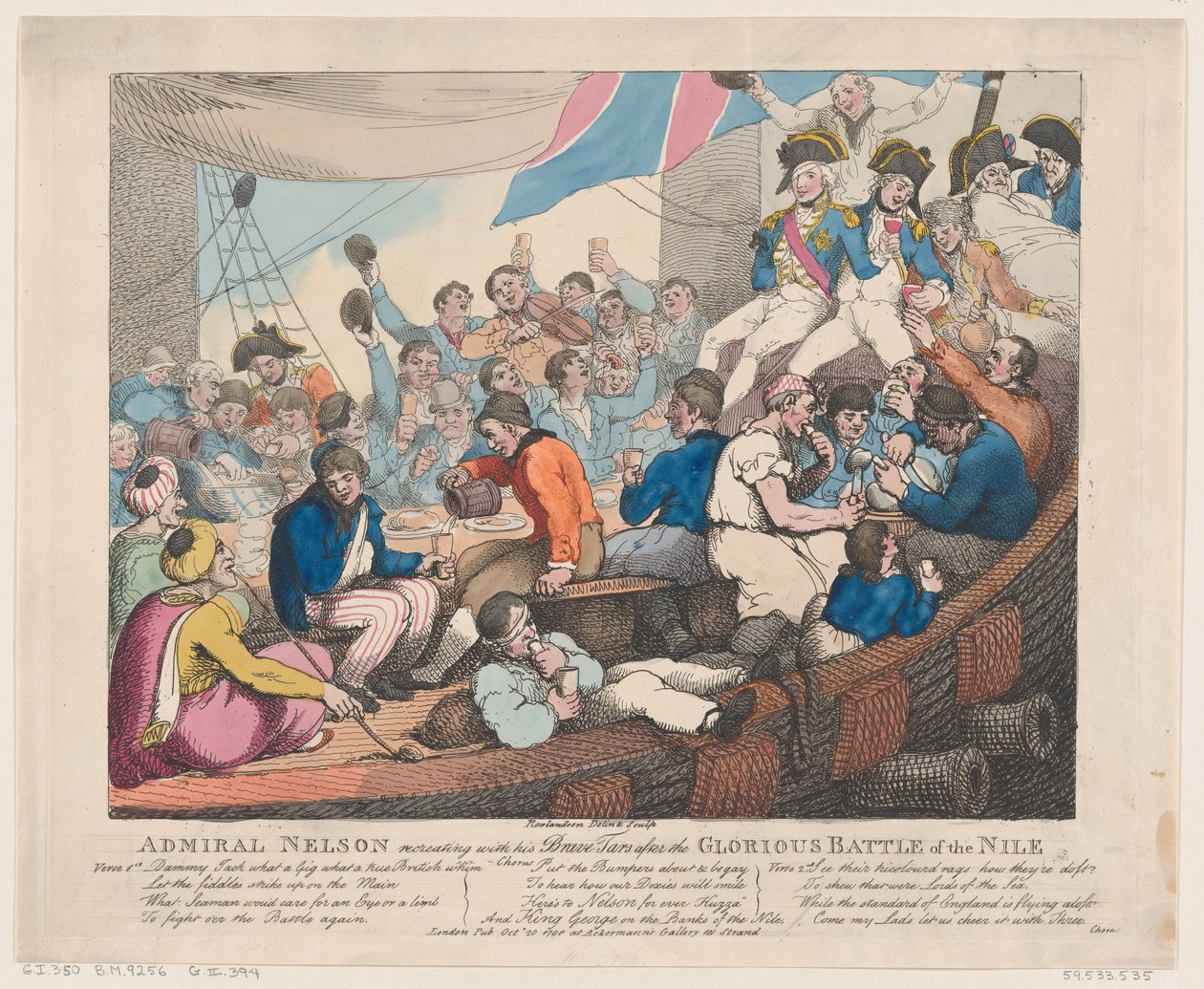 Admiraal Nelson ontspant met zijn dappere zeelieden na de glorieuze slag van de..., 20 oktober 1798 door Thomas Rowlandson