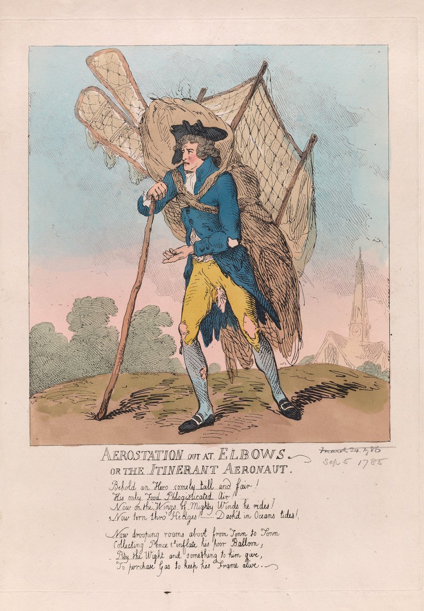 Aerostation uit de ellebogen of de rondreizende aeronaut door Thomas Rowlandson