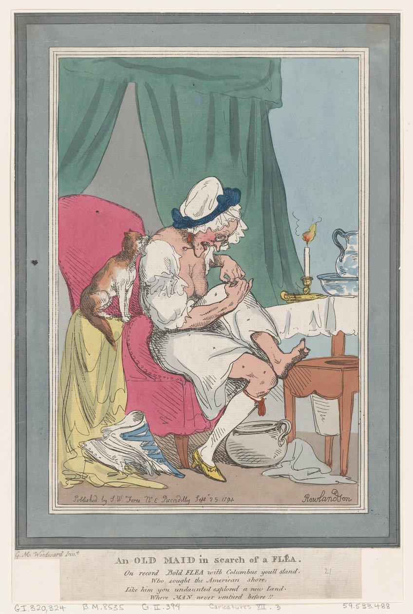 Een oude vrijster op zoek naar een vlo door Thomas Rowlandson