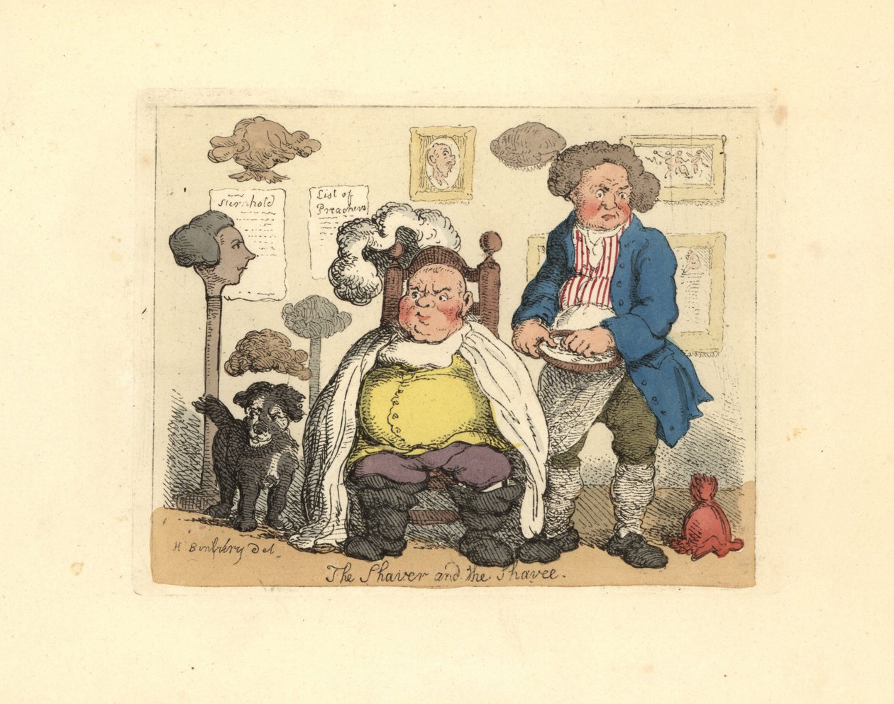 Barbier en klant in een kapperszaak versierd met pruiken door Thomas Rowlandson