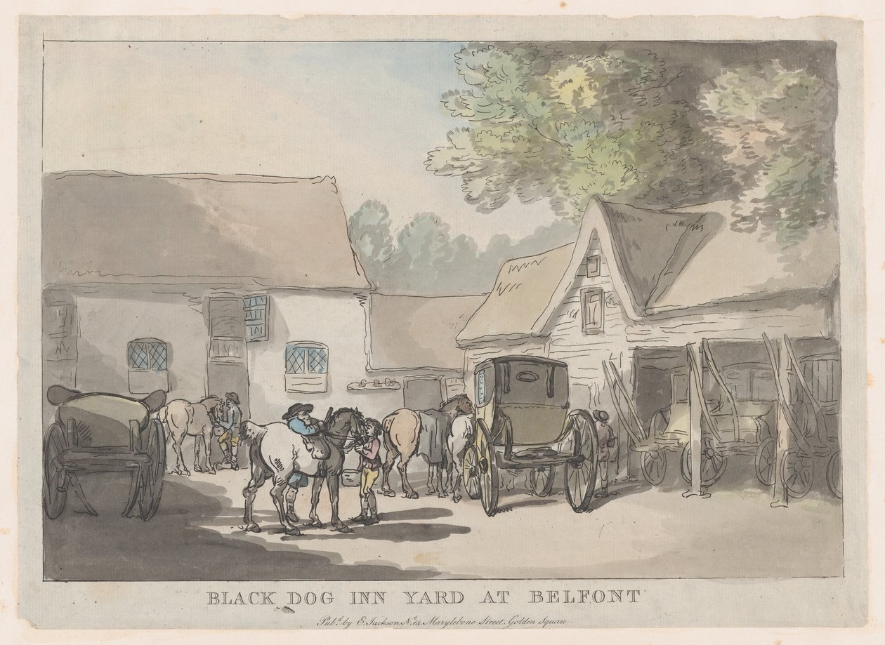 Binnenplaats van de Zwarte Hond Herberg in Belfont door Thomas Rowlandson