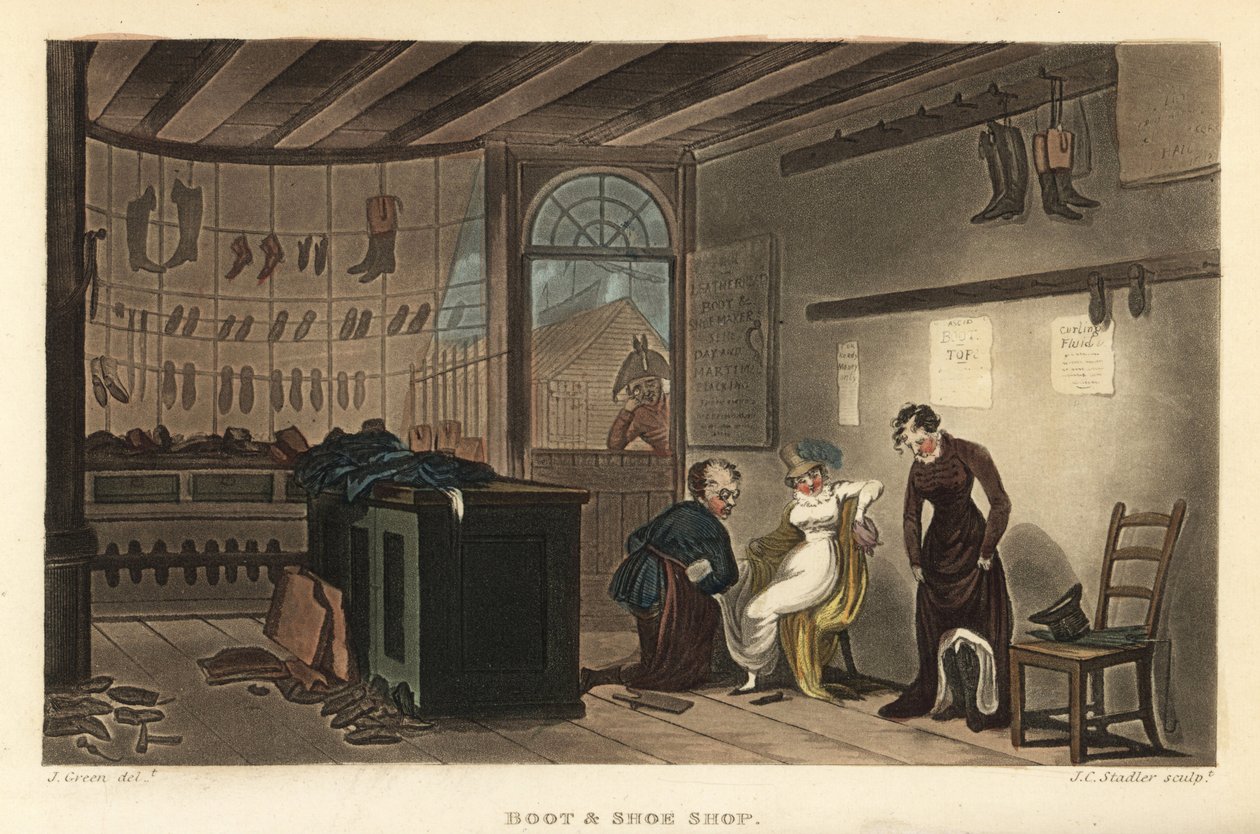 Laarzen- en schoenenwinkel: Vrouwelijke klanten passen schoenen en laarzen bij de schoenmaker van Leatherhead. Handgekleurde kopergravure door Thomas Rowlandson, aquatint door J.C. Stadler, naar een schets van J. Green uit Poetical Sketches of Scarborough, door Thomas Rowlandson