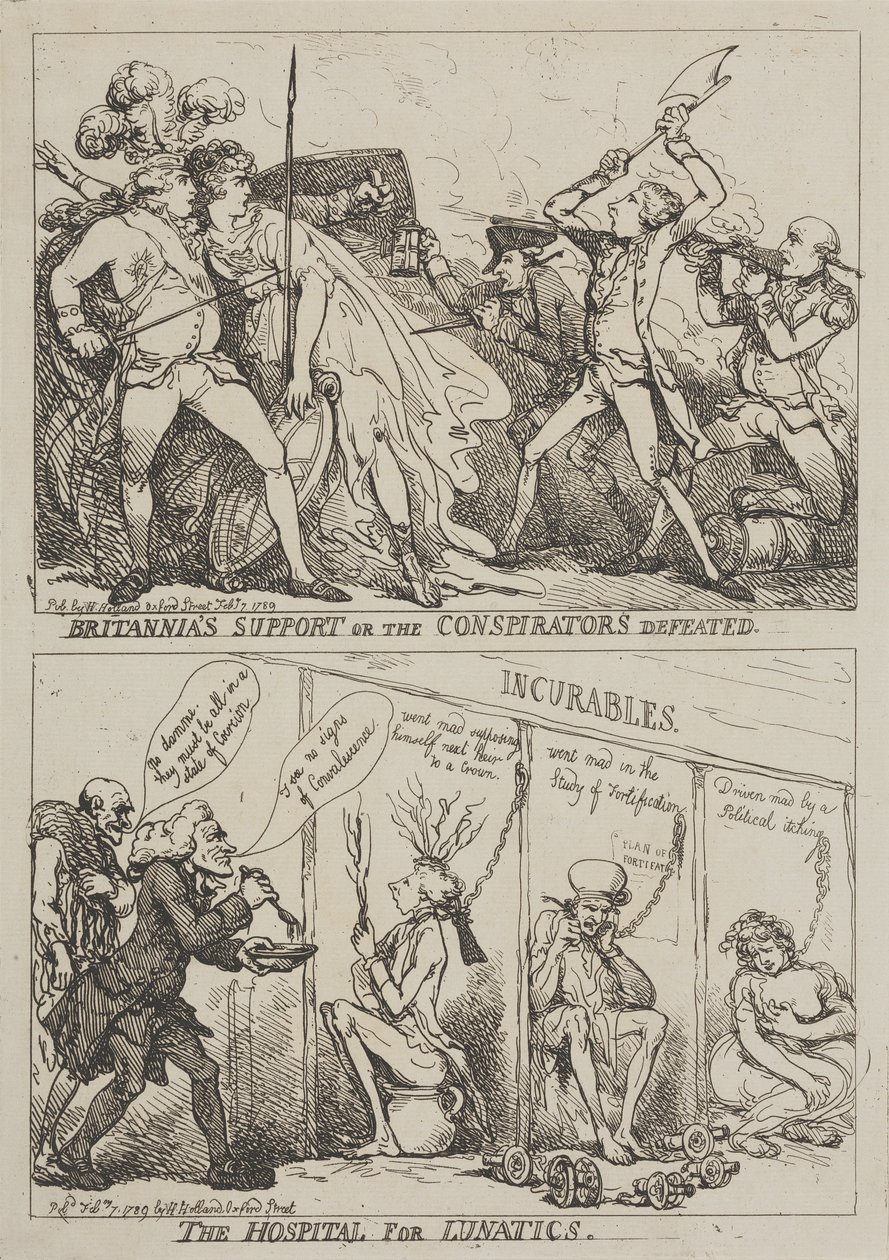 De steun van Britannia of de nederlaag van de samenzweerders – Het ziekenhuis voor geesteszieken door Thomas Rowlandson