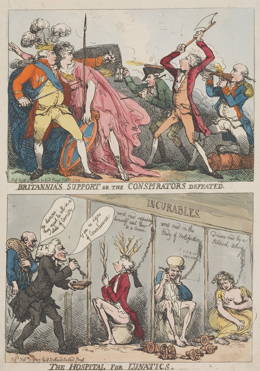 De steun van Britannia of de nederlaag van de samenzweerders – Het ziekenhuis voor geesteszieken door Thomas Rowlandson