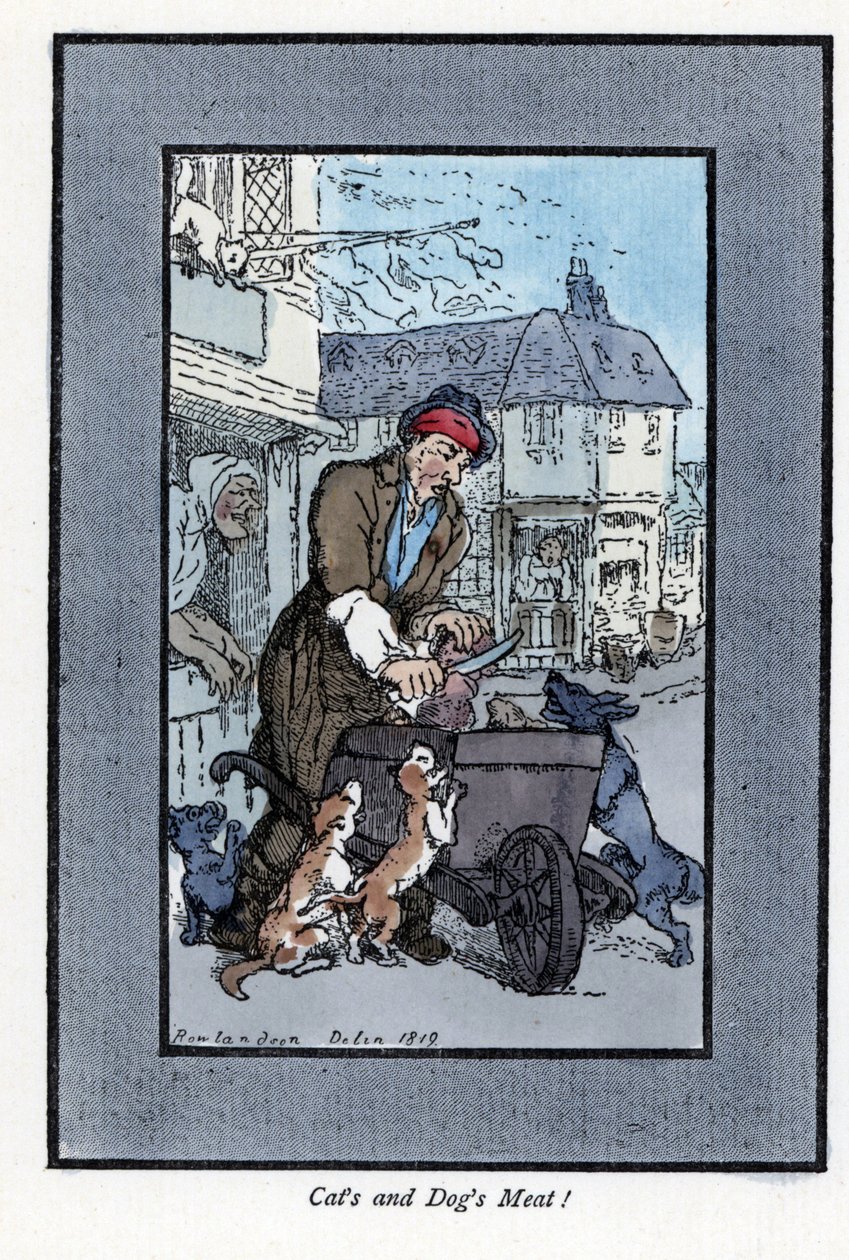 Rondreizende slager die een stuk vlees snijdt, terwijl honden en katten de wielen van zijn kruiwagen aanvallen. Houtsnede, gebaseerd op een schilderij door Thomas Rowlandson (1756-1827), gepubliceerd in The Cris of London: met zes charmante kinderen en bij door Thomas Rowlandson