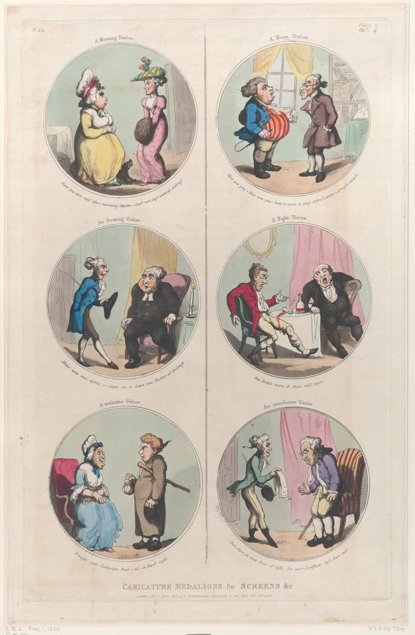Karikatuur Medaillons voor Schermen &c: Een Ochtendbezoeker, Een Avondbezoeker door Thomas Rowlandson