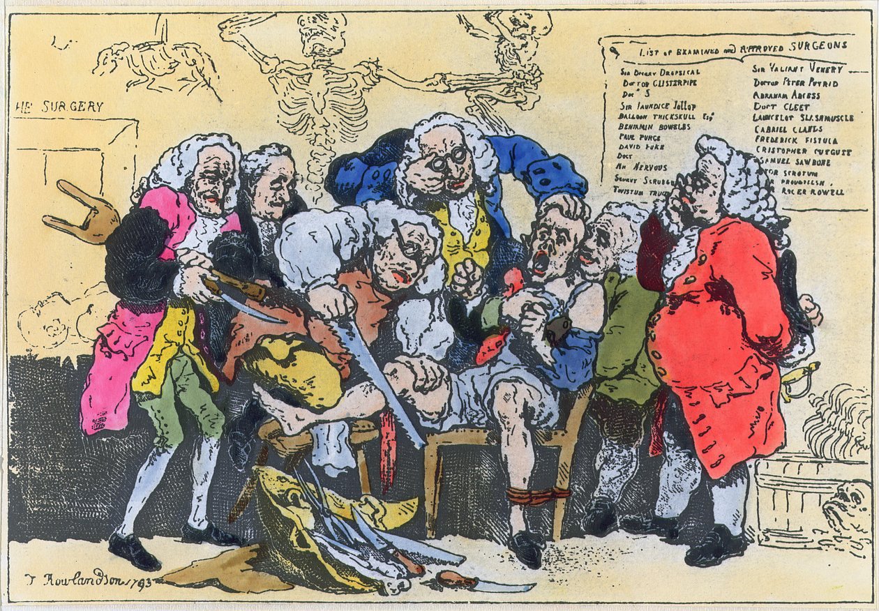 Karikatuur van Georgische chirurgen aan het werk door Thomas Rowlandson
